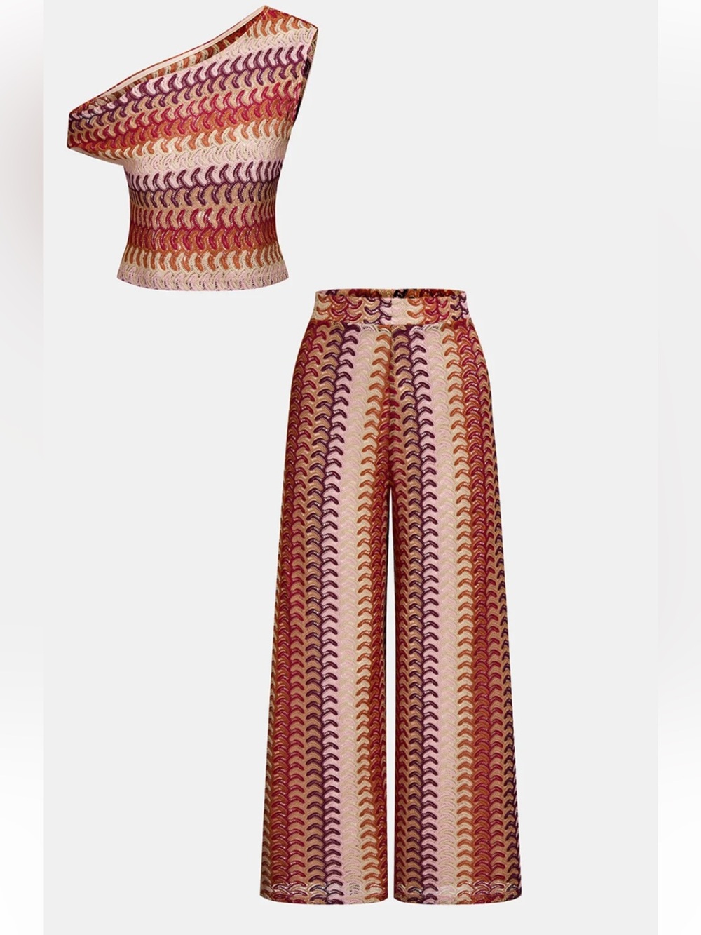 NWT Commense Multicolor One-Shoulder Knit Top & Pants Set in Pumpkin